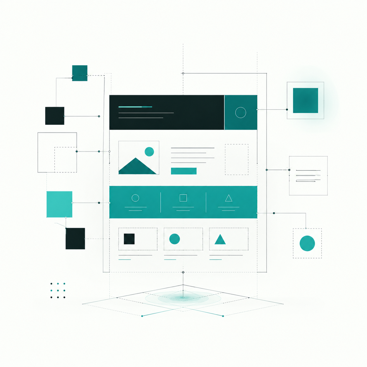 Abstrakte Illustration eines Website-Layouts mit geometrischen Elementen in Türkis, Schwarz und Weiß